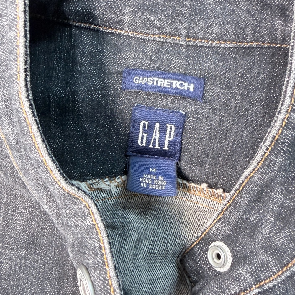 GAP Stretch Denim Jacket Dark Wash Band Collar Trucker Jacket Size M Y2K - Picture 6 of 6